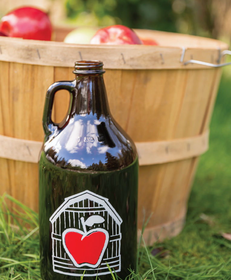 Bucket of apples with a Swayne Creek CiderHouse growler in the front of the bucket.